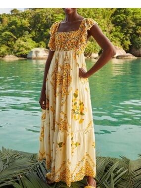 NWOt Farm Rio Cashew Crossed Back Lemon and Cream Full Maxi Dress. Never worn.